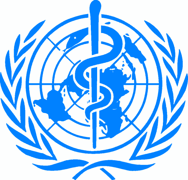 Emblème de l'organisation mondiale de la santé, représentant un caducée médical au centre de la carte du monde et entouré de rameaux d'olivier.